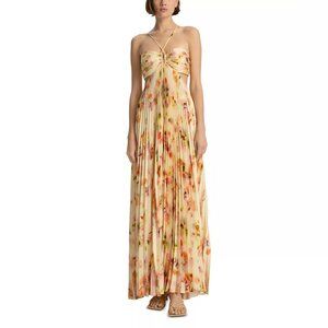 A.L.C. Dress Moira Maxi Gown Pleated Halter Cutout in Floral Gold Pink Full